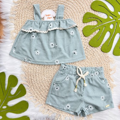 Conj. Batinha Frente Bordada e Short Flores - Verde